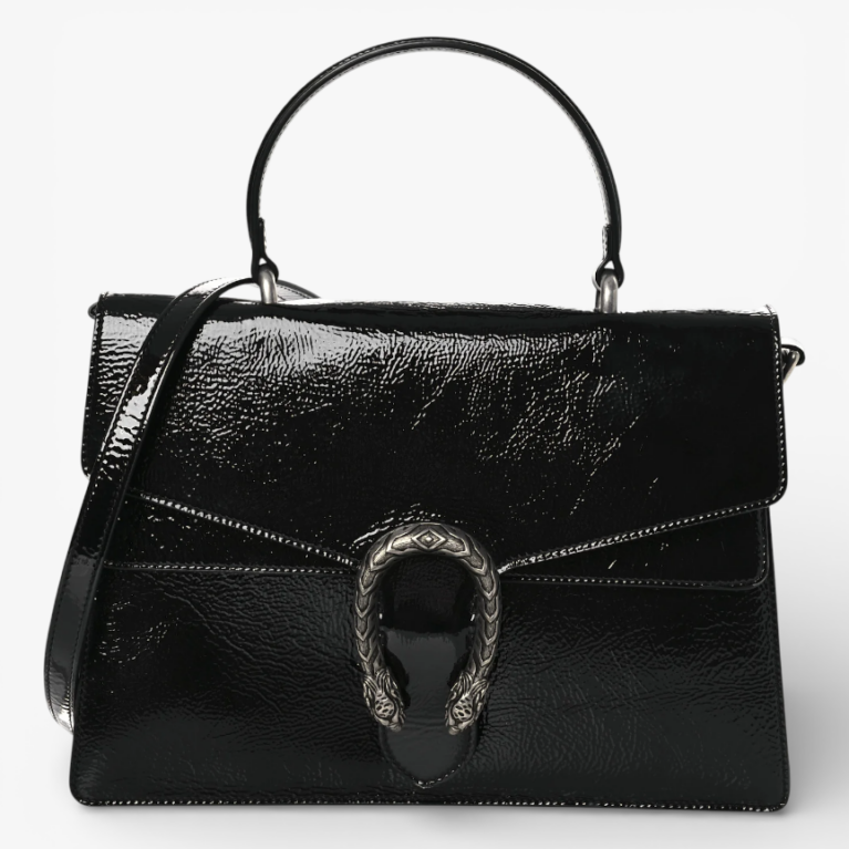 Gucci Crinkled Patent Medium Dionysus Top Handle Bag Black