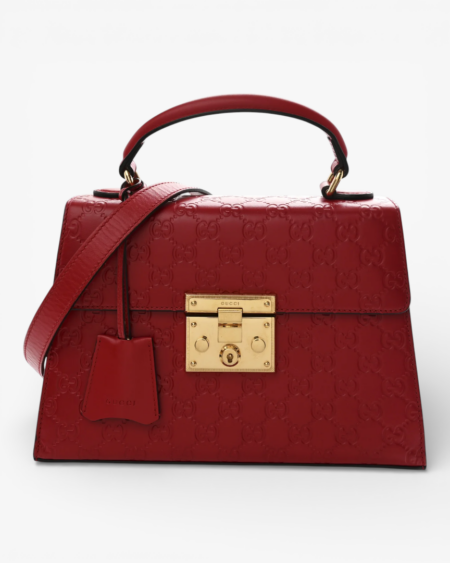 Gucci Guccissima Signature Small Padlock Top Handle Bag Hibiscus Red