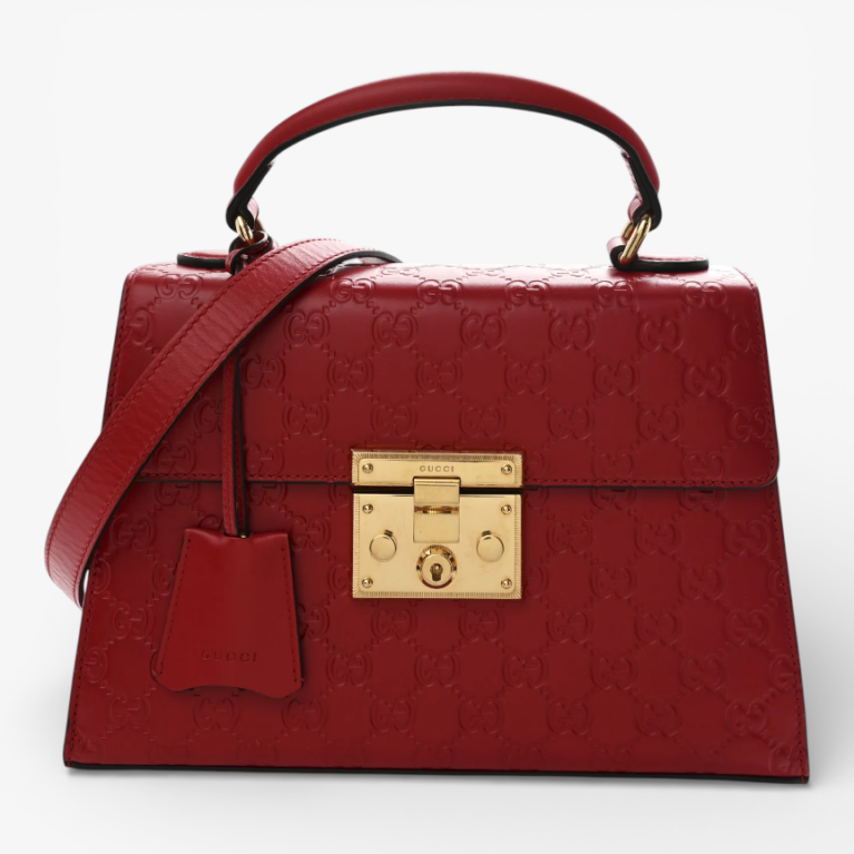 Gucci Guccissima Signature Small Padlock Top Handle Bag Hibiscus Red