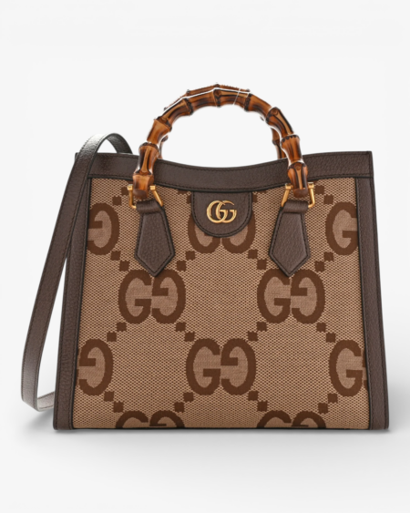 Gucci Monogram Jumbo GG Textured Dollar Calfskin Small Diana Tote Bag Camel Ebony