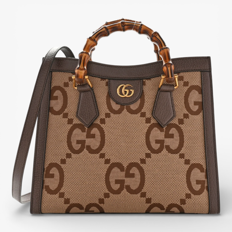 Gucci Monogram Jumbo GG Textured Dollar Calfskin Small Diana Tote Bag Camel Ebony