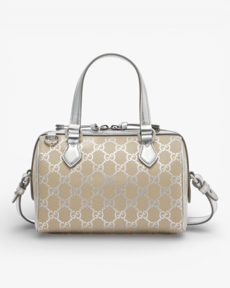 Gucci GG Emblem Leather Trimmed Tote Bag Silver