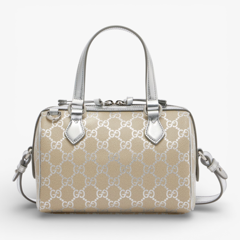 Gucci GG Emblem Leather Trimmed Tote Bag Silver