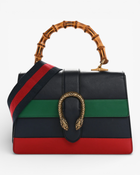 Gucci Moon Calfskin Web Medium Dionysus Bamboo Top Handle Bag Blue Emerald Hibiscus Red