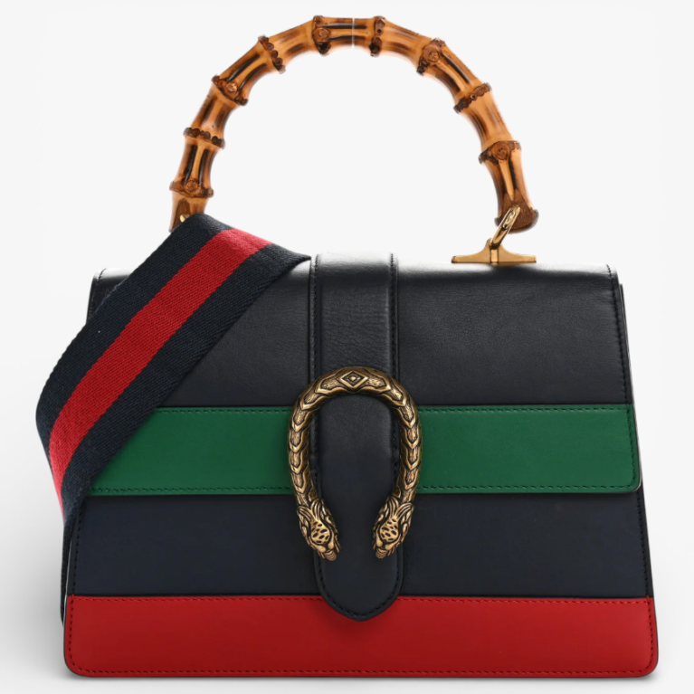 Gucci Moon Calfskin Web Medium Dionysus Bamboo Top Handle Bag Blue Emerald Hibiscus Red