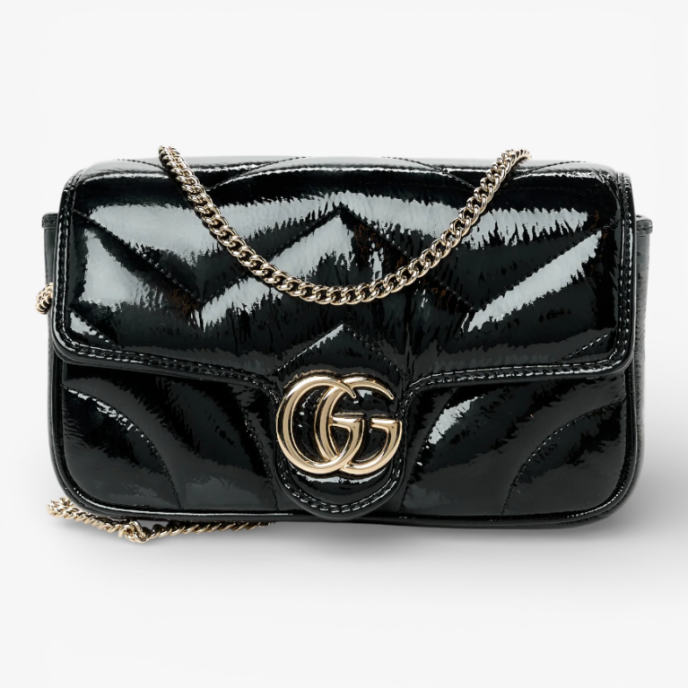 Gucci Patent Lambskin Matelasse Mini GG Marmont Shoulder Bag With Case