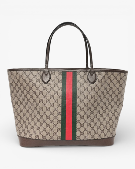 Gucci GG Supreme Monogram Textured Calfskin Web Large Ophidia Tote Beige Ebony