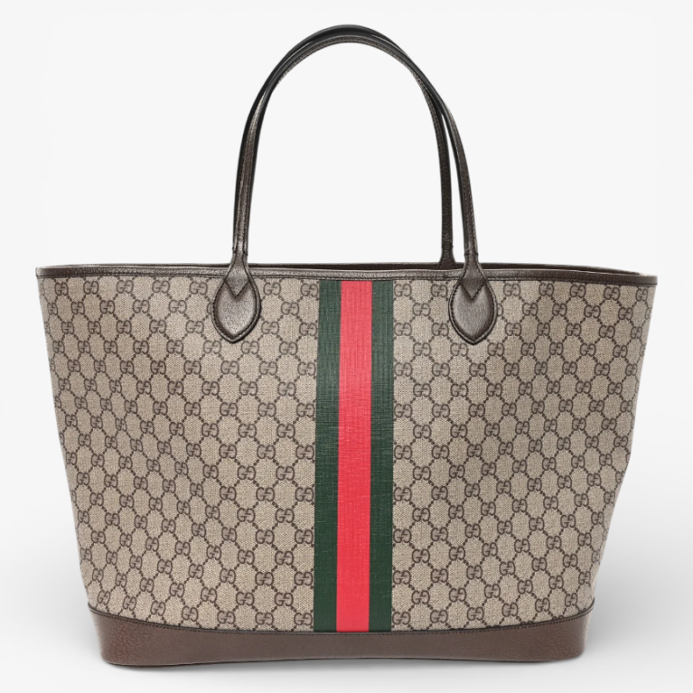 Gucci GG Supreme Monogram Textured Calfskin Web Large Ophidia Tote Beige Ebony