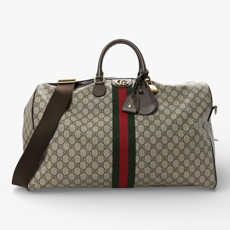 Gucci GG Supreme Monogram Textured Dollar Calfskin Web Medium Ophidia Carry On Duffle Bag