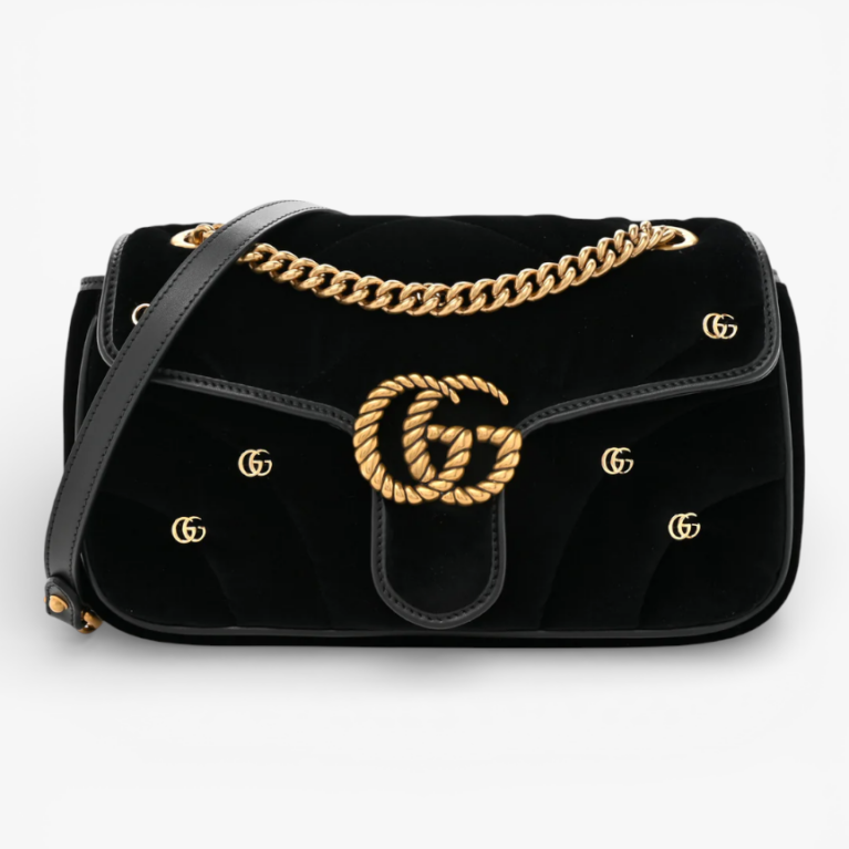 Gucci Velvet Matelasse Double G Studs Small Torchon GG Marmont Shoulder Bag