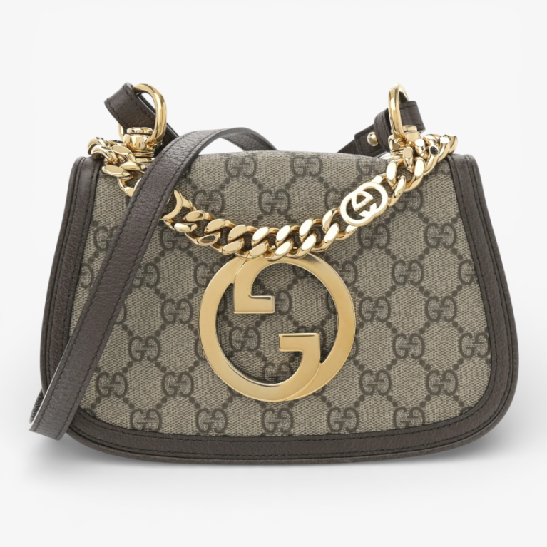 Gucci GG Supreme Monogram Textured Dollar Calfskin Mini Blondie Chain Shoulder Flap Bag Beige Ebony
