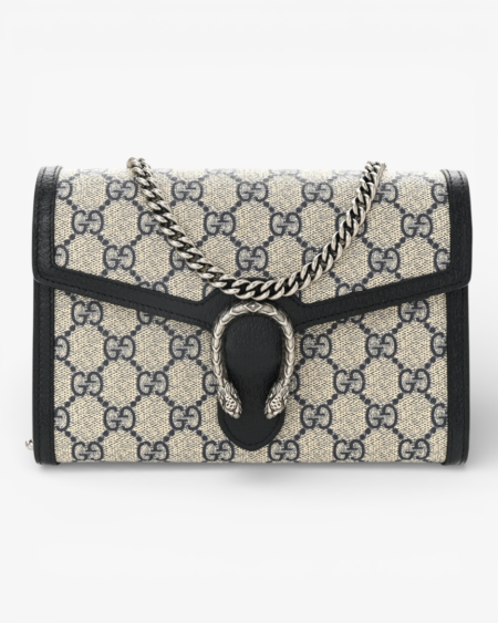 Gucci GG Supreme Monogram Textured Dollar Calfskin Mini Dionysus Chain Wallet Beige & Blue