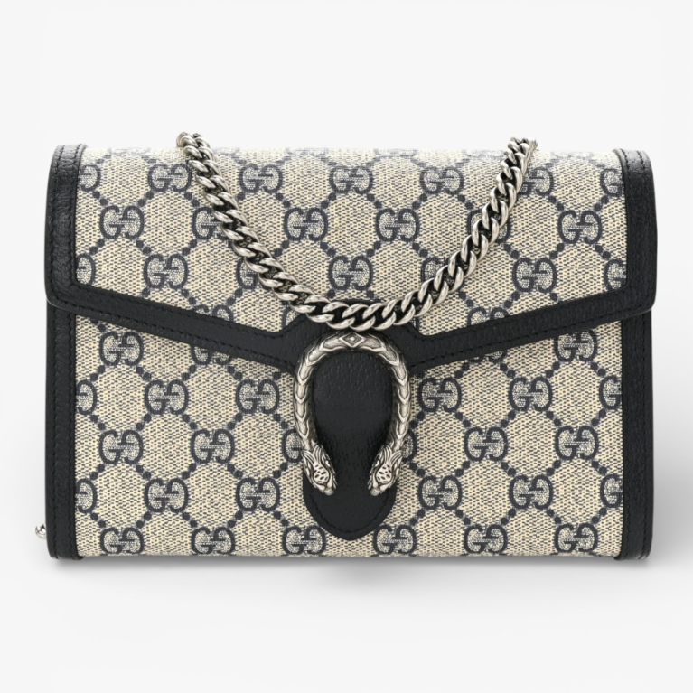 Gucci GG Supreme Monogram Textured Dollar Calfskin Mini Dionysus Chain Wallet Beige & Blue