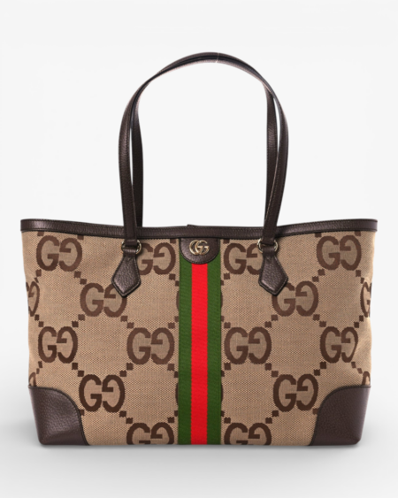 Gucci Monogram Jumbo GG Textured Calfskin Web Medium Ophidia Shopping Tote