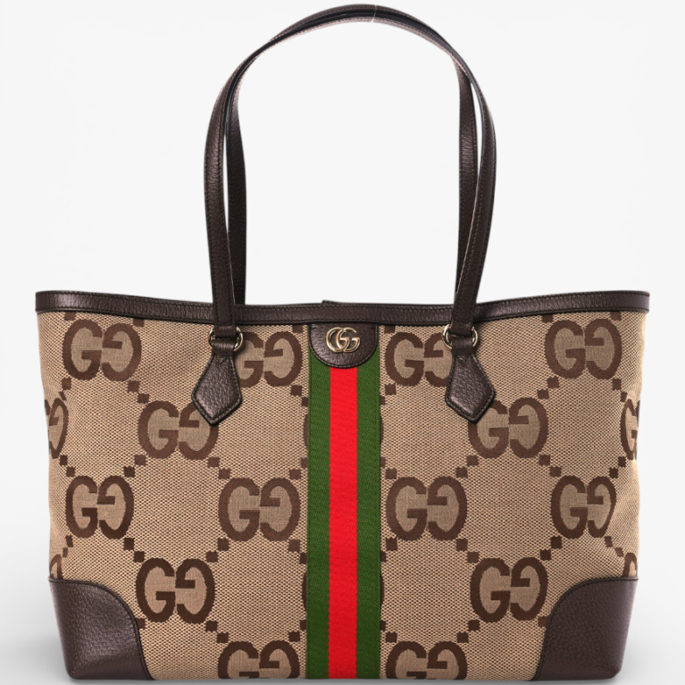 Gucci Monogram Jumbo GG Textured Calfskin Web Medium Ophidia Shopping Tote