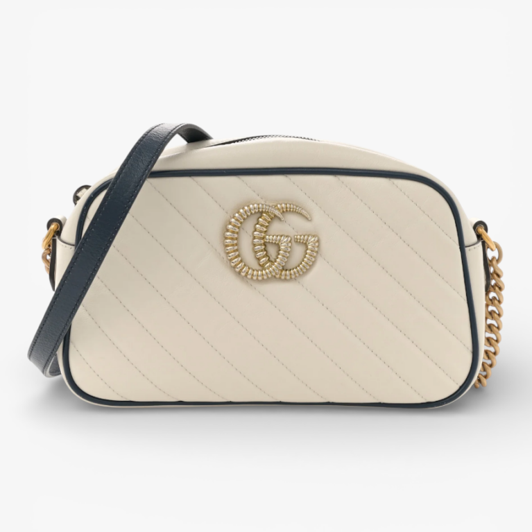 Gucci Vintage Effect Calfskin Matelasse Diagonal Small Torchon GG Marmont Chain Shoulder Bag