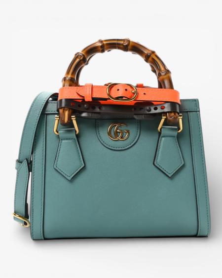 Gucci Wonka Grain Calfskin Mini Diana Tote Bag Dusty Azure Orange Fluo