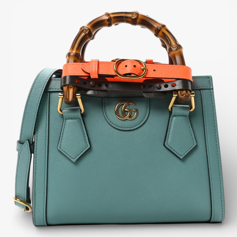 Gucci Wonka Grain Calfskin Mini Diana Tote Bag Dusty Azure Orange Fluo