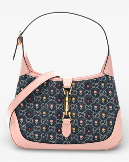 Gucci New Denim GG Monogram Calfskin Love Parade Small Jackie 1961 Hobo Light Pink