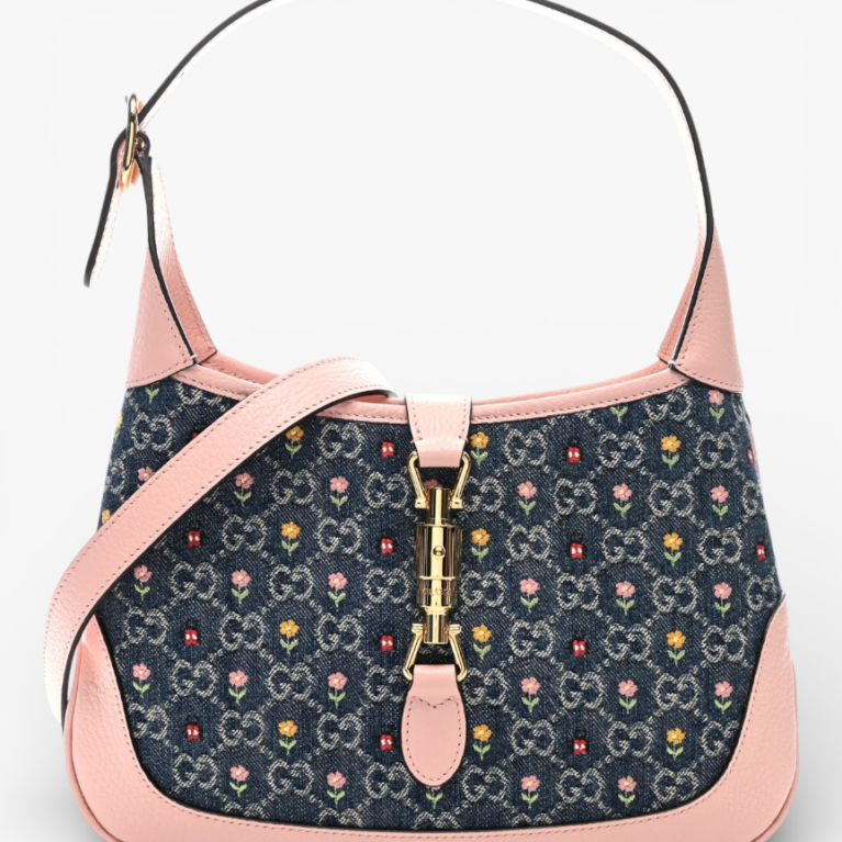 Gucci New Denim GG Monogram Calfskin Love Parade Small Jackie 1961 Hobo Light Pink