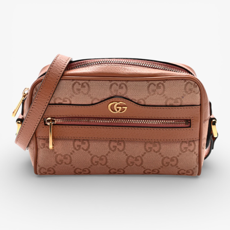 Gucci Monogram Textured Dollar Calfskin Mini Ophidia Shoulder Bag Cloche Rose Pink