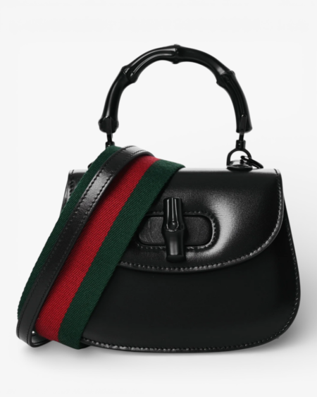 Gucci Boarded Dyana Lux Calfskin Web Monochrome Mini Bamboo Top Handle Bag Black