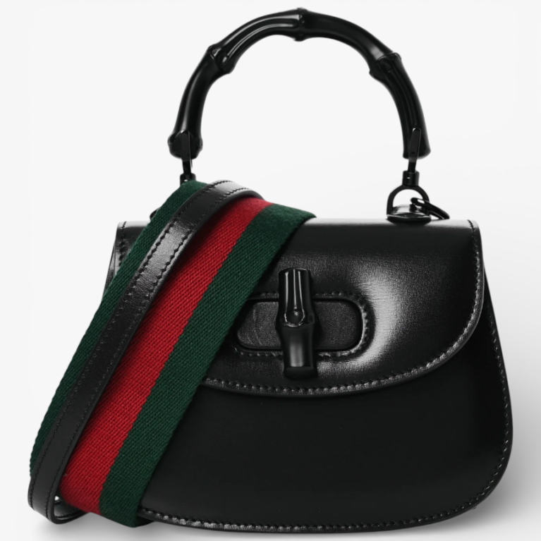 Gucci Boarded Dyana Lux Calfskin Web Monochrome Mini Bamboo Top Handle Bag Black