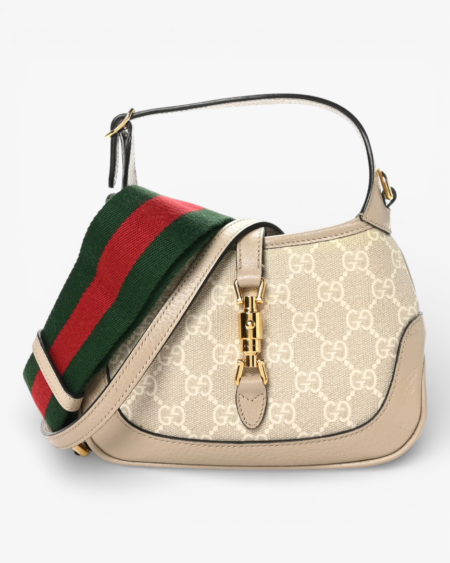 Gucci GG Supreme Monogram Textured Dollar Calfskin Mini Jackie 1961 Hobo Beige Mystic White Oatmeal