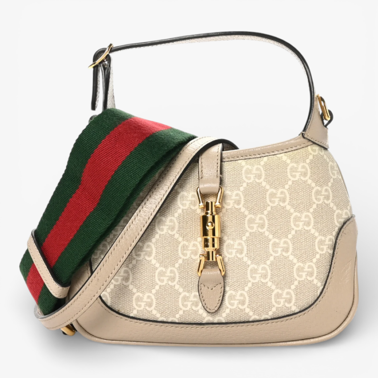 Gucci GG Supreme Monogram Textured Dollar Calfskin Mini Jackie 1961 Hobo Beige Mystic White Oatmeal