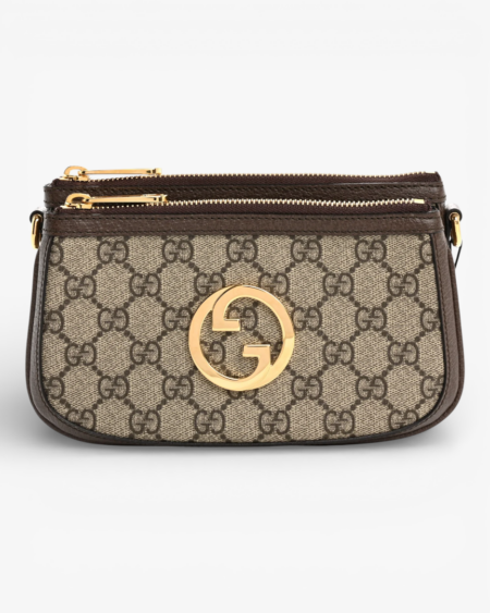 Gucci GG Supreme Monogram Textured Dollar Calfskin Web Mini Blondie Crossbody Bag Beige Ebony