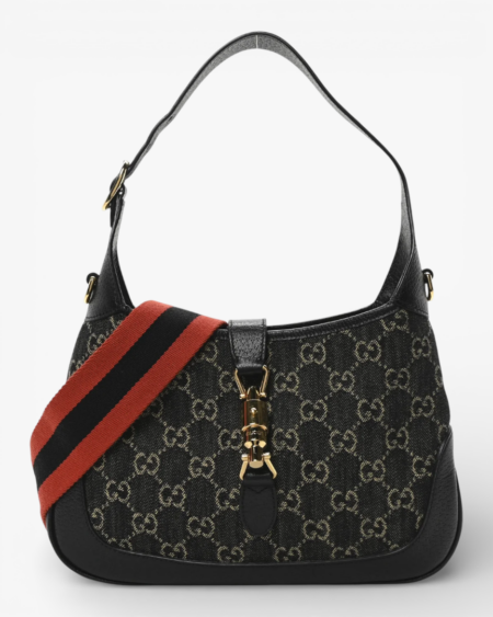 Gucci Jacquard Denim GG Monogram Small Jackie 1961 Hobo Black Ivory