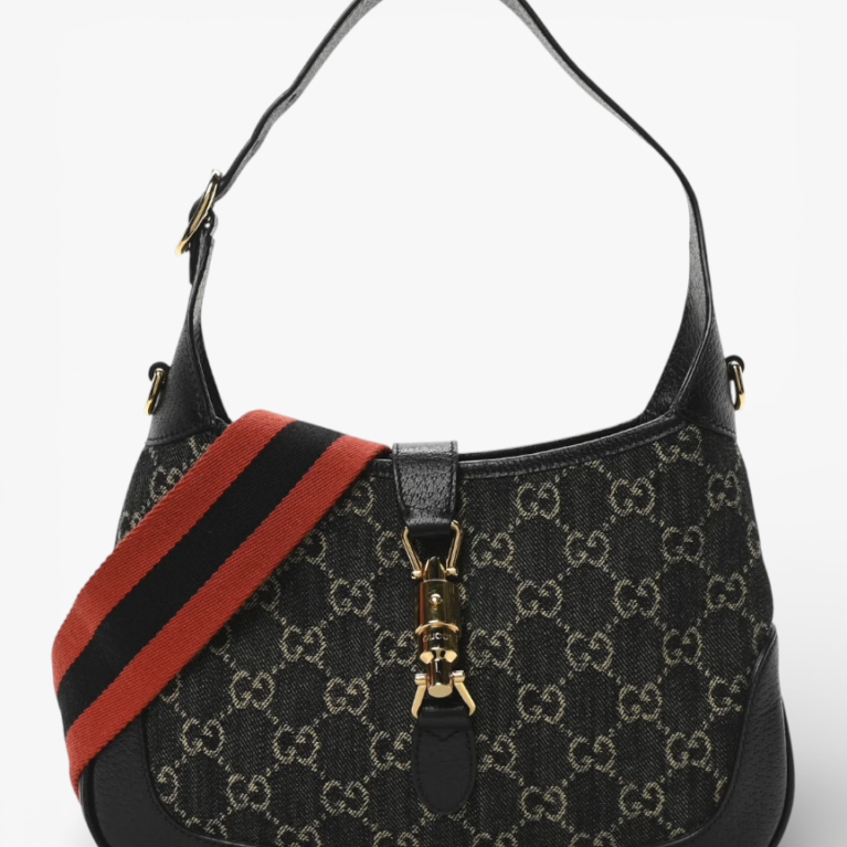 Gucci Jacquard Denim GG Monogram Small Jackie 1961 Hobo Black Ivory