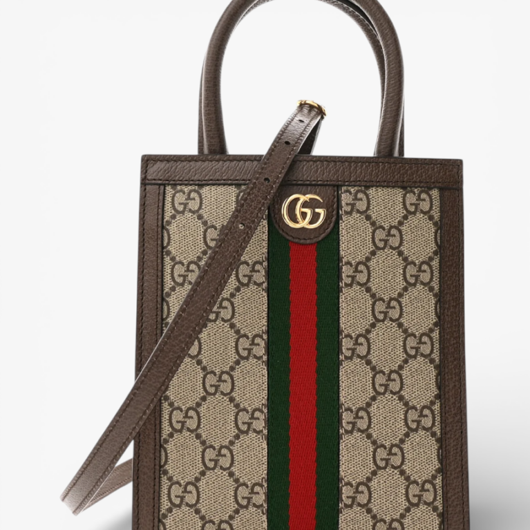 Gucci GG Supreme Monogram Textured Dollar Calfskin Web Super Mini Ophidia Mini Tote Bag