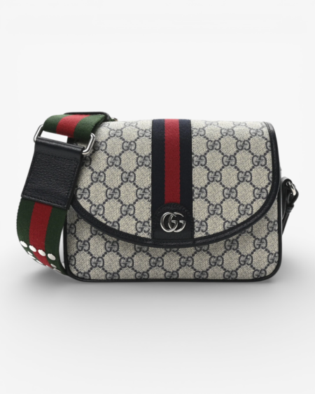 Gucci GG Supreme Monogram Textured Dollar Calfskin Web Studded Mini Ophidia Flap Shoulder Bag