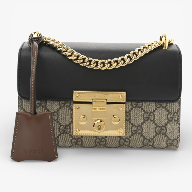 Gucci GG Supreme Monogram Calfskin Small Padlock Shoulder Bag Beige Black