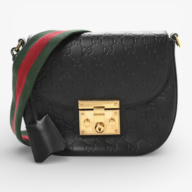 Gucci Guccissima Web Medium Padlock Messenger Shoulder Bag Black