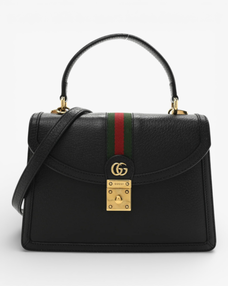 Gucci Textured Dollar Calfskin Web Small Ophidia Padlock Top Handle Bag Black