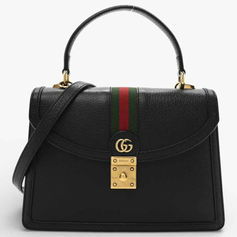 Gucci Textured Dollar Calfskin Web Small Ophidia Padlock Top Handle Bag Black