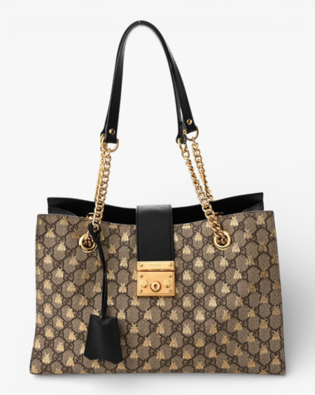 Gucci GG Supreme Monogram Bees Medium Padlock Tote Beige Oro Black