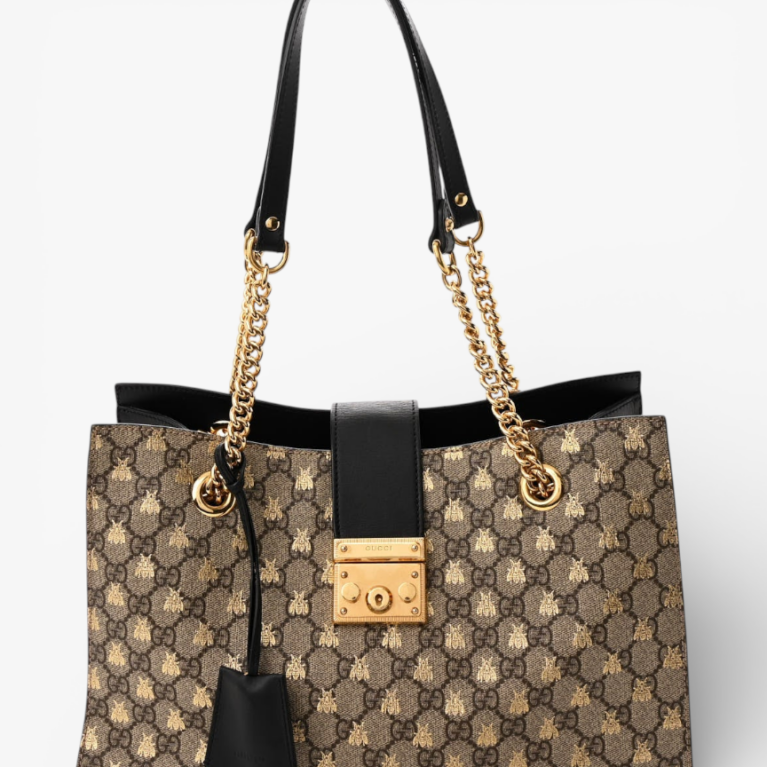 Gucci GG Supreme Monogram Bees Medium Padlock Tote Beige Oro Black