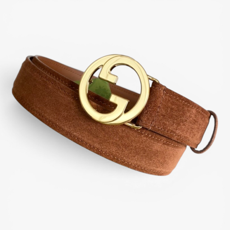 Gucci Blondie Dark Blue Suede Belt with Archival Monogram Hardware