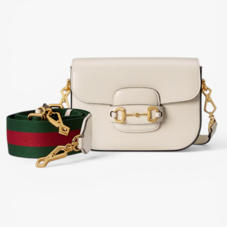Gucci Horsebit 1955 Mini Bag GG Canvas with White Leather Trim