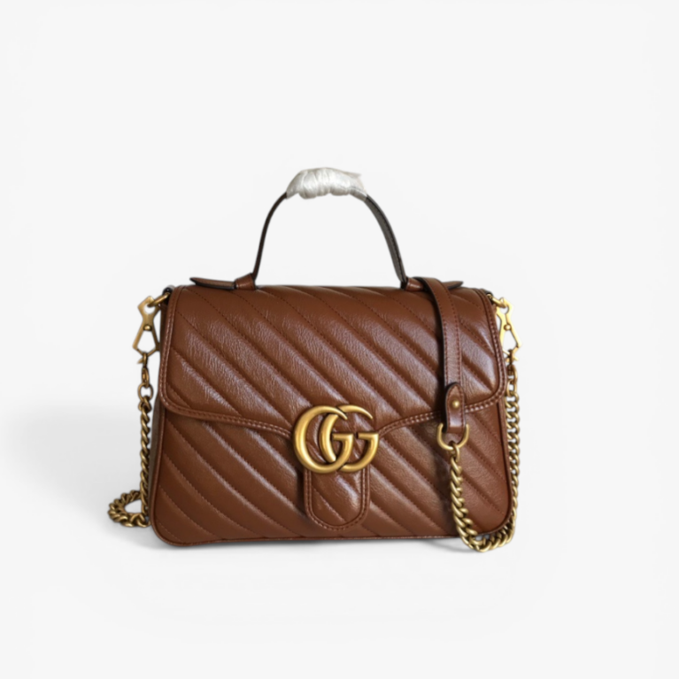 Gucci GG Marmont Small Top Handle Bag Brown Matelassé Leather