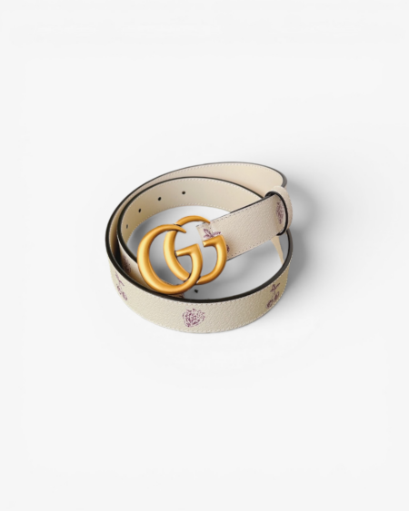 Gucci GG Marmont Thin Leather Belt Strawberry & Cherry Print Double G 30mm