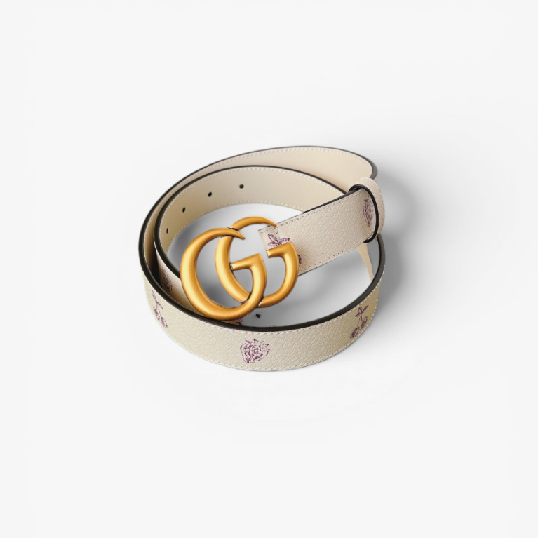 Gucci GG Marmont Thin Leather Belt Strawberry & Cherry Print Double G 30mm