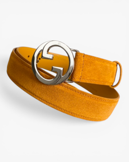 Gucci Blondie Dark Blue Suede Belt with Archival Monogram Buckle