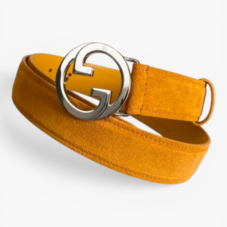 Gucci Blondie Dark Blue Suede Belt with Archival Monogram Buckle
