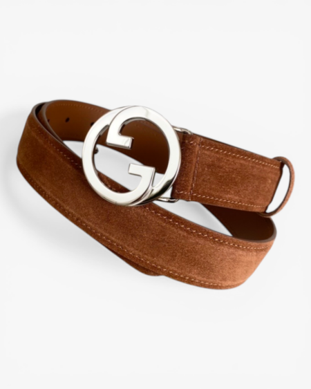 Gucci Blondie Dark Blue Suede Belt with Archival Monogram Hardware