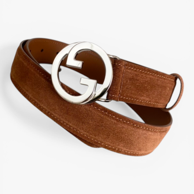 Gucci Blondie Dark Blue Suede Belt with Archival Monogram Hardware