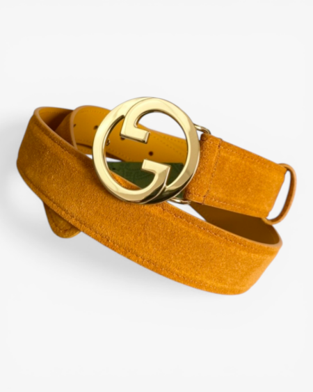 Gucci Blondie Dark Blue Suede Belt with Archival Monogram Buckle